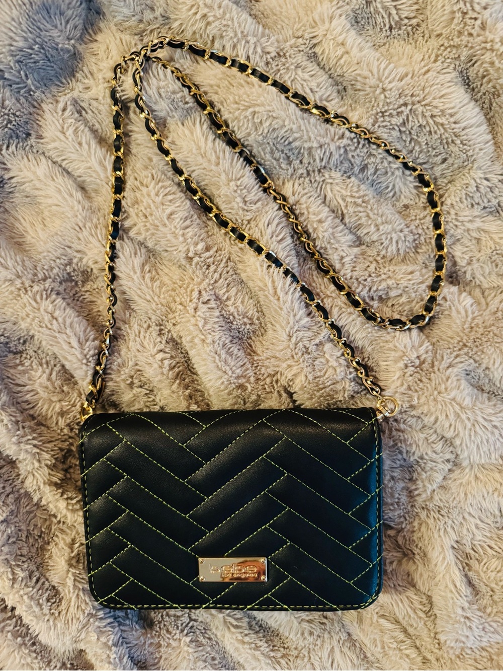 bebe Black Quilted Crossbody with Gold Chain and Plaque